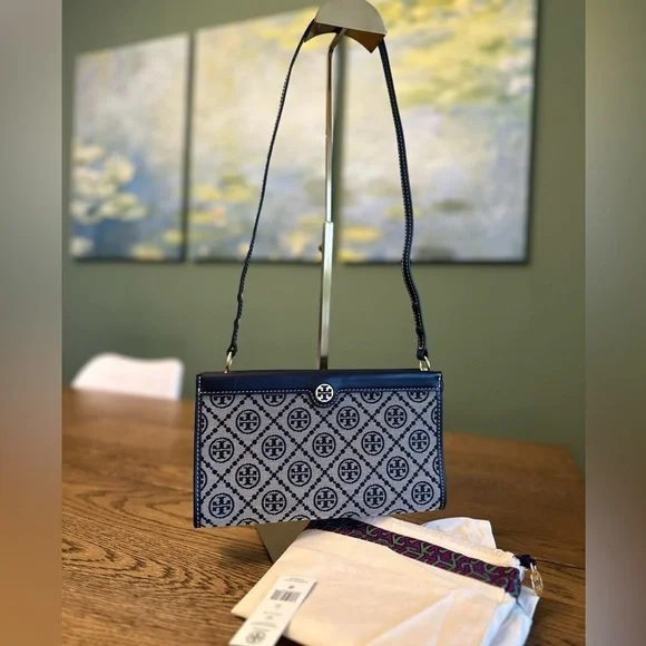 NWT! NEW! Tory Burch T Monogram Jacquard Mini Pouchette Navy 2 in 1 Shoulder Bag - Picture 3 of 16